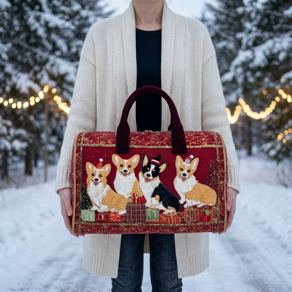 Gewatteerde reistas Kerstcorgi vastgehouden door een vrouw in de sneeuw