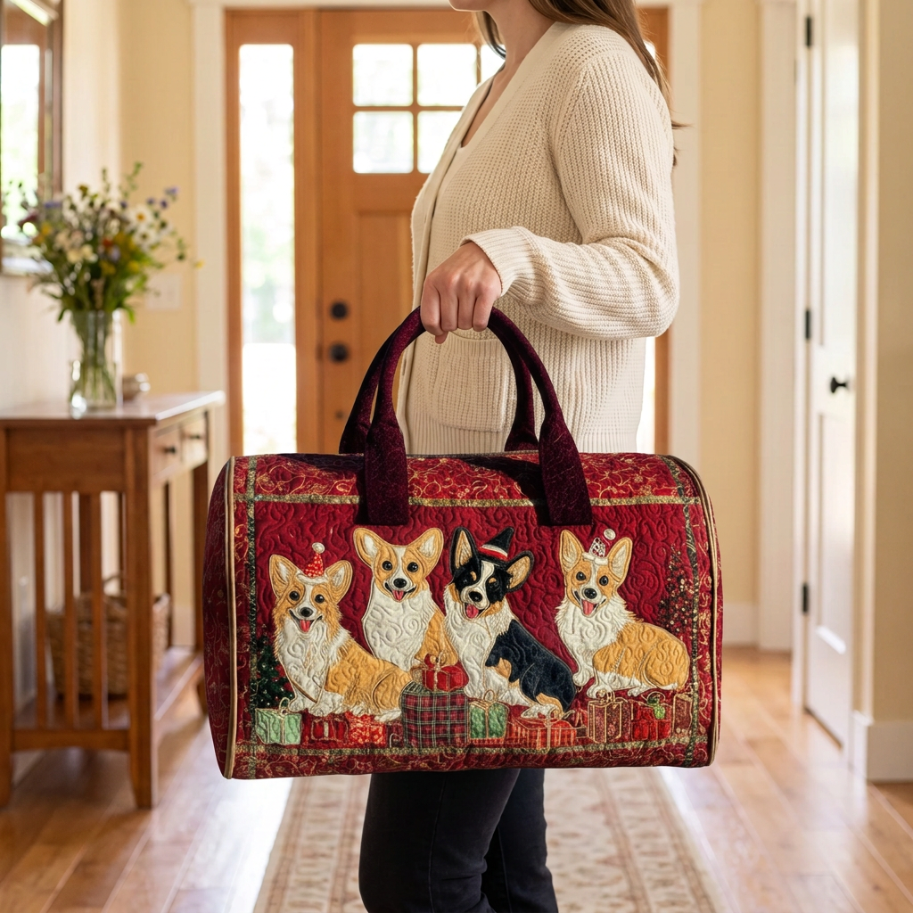 Gewatteerde reistas Kerstcorgi aan de hand meegenomen in de inkomhal