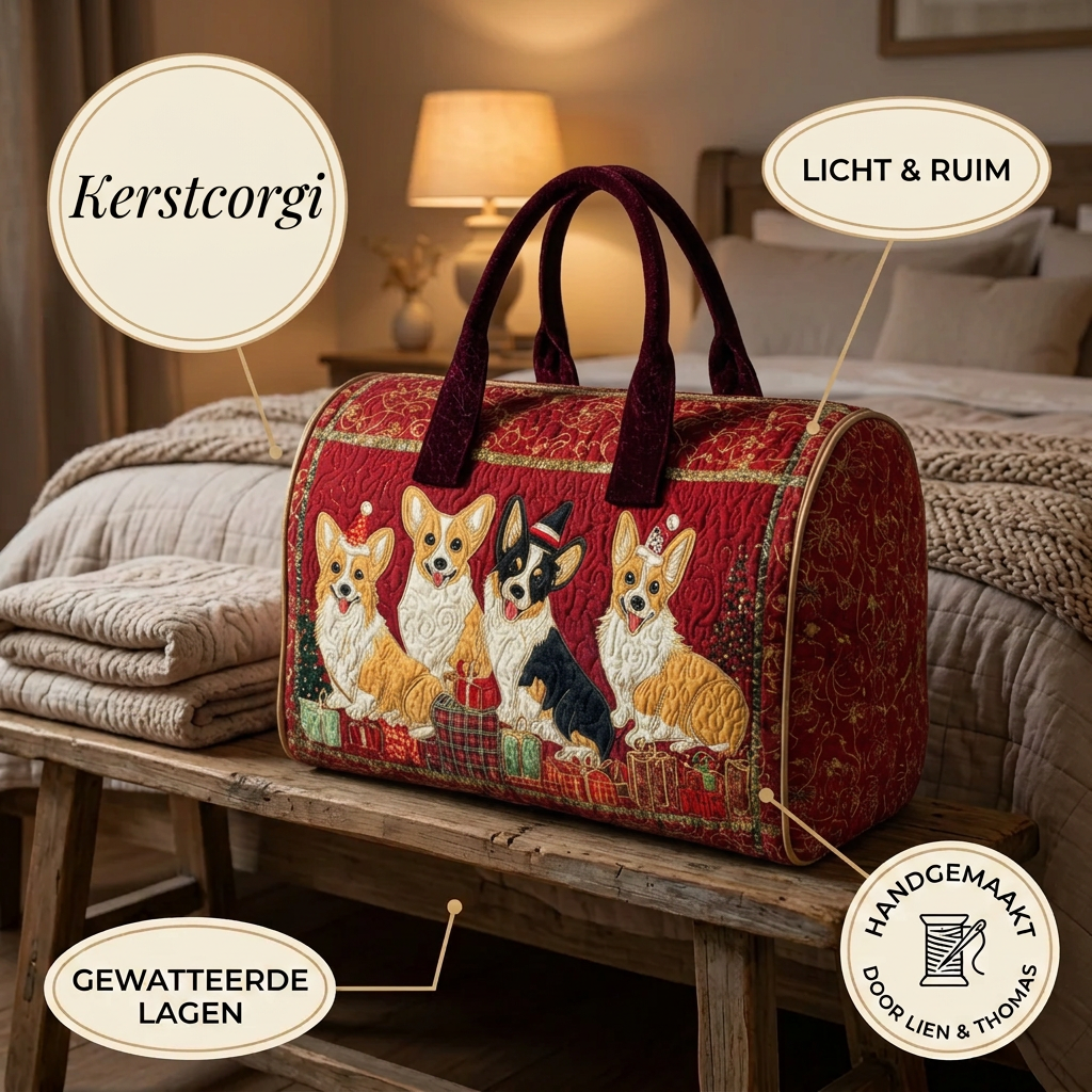 Gewatteerde reistas Kerstcorgi in detail: licht, ruim en gewatteerd