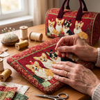 Gewatteerde stof met het motief Kerstcorgi wordt gestikt