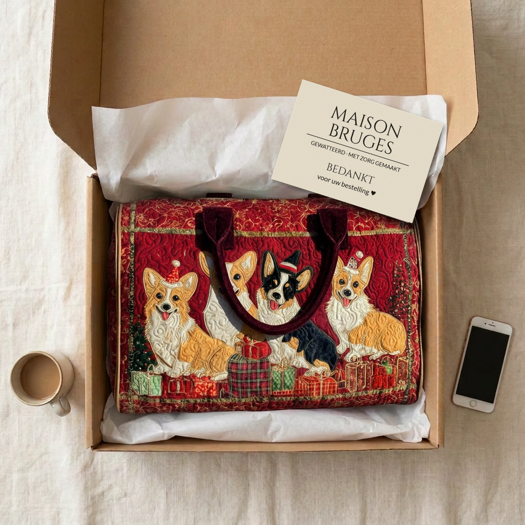Gewatteerde reistas Kerstcorgi verpakt in een doos van Maison Bruges