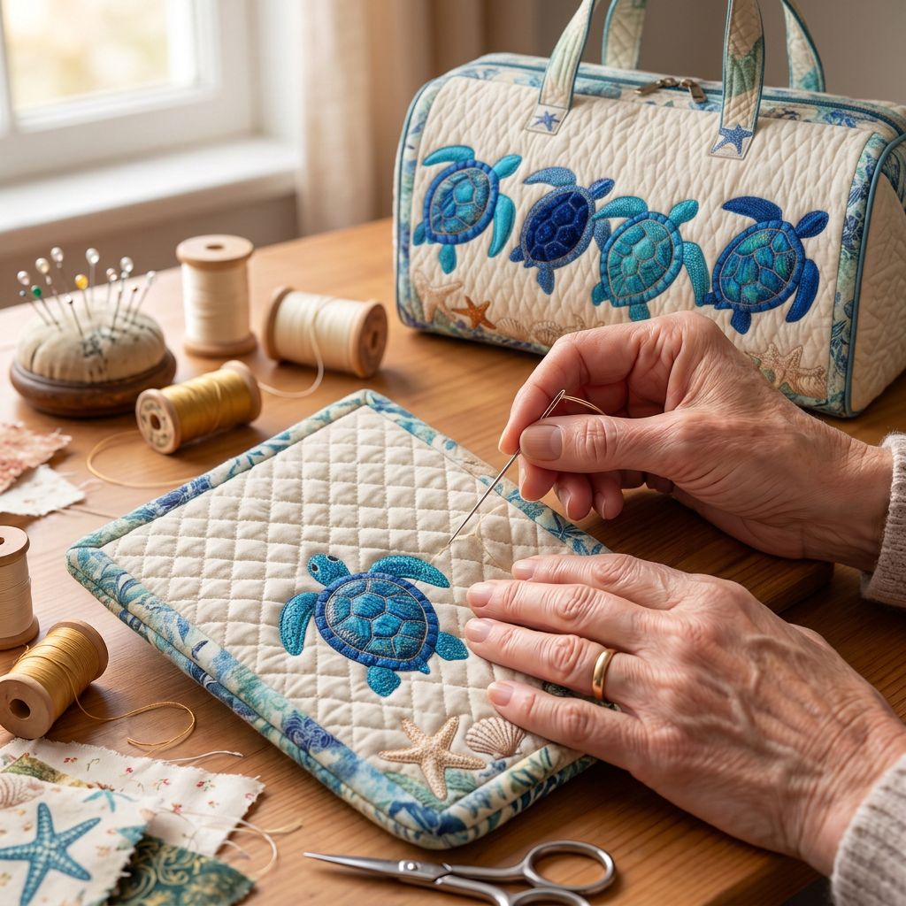 Gewatteerde stof met het motief Zeeschildpad wordt gestikt