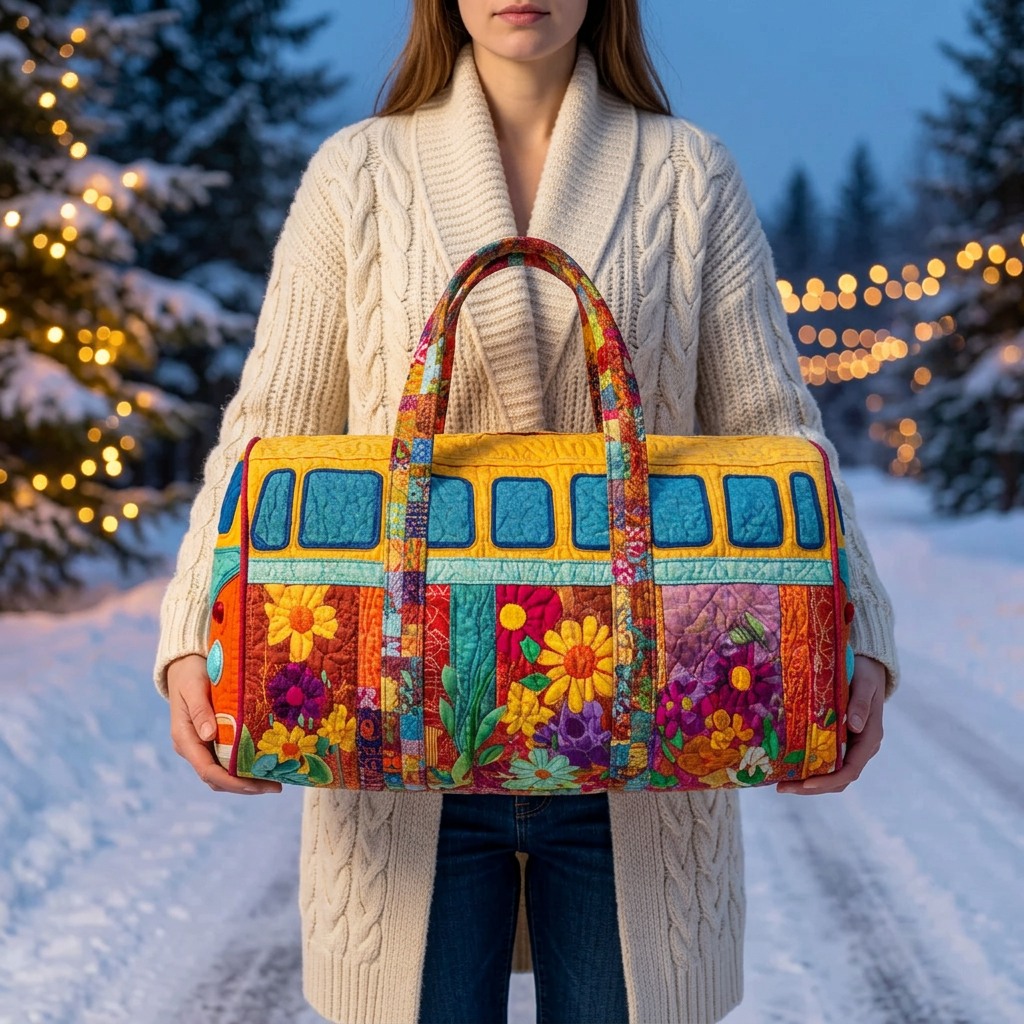 Sac de voyage matelassé Van de la Paix tenu par une femme dans la neige