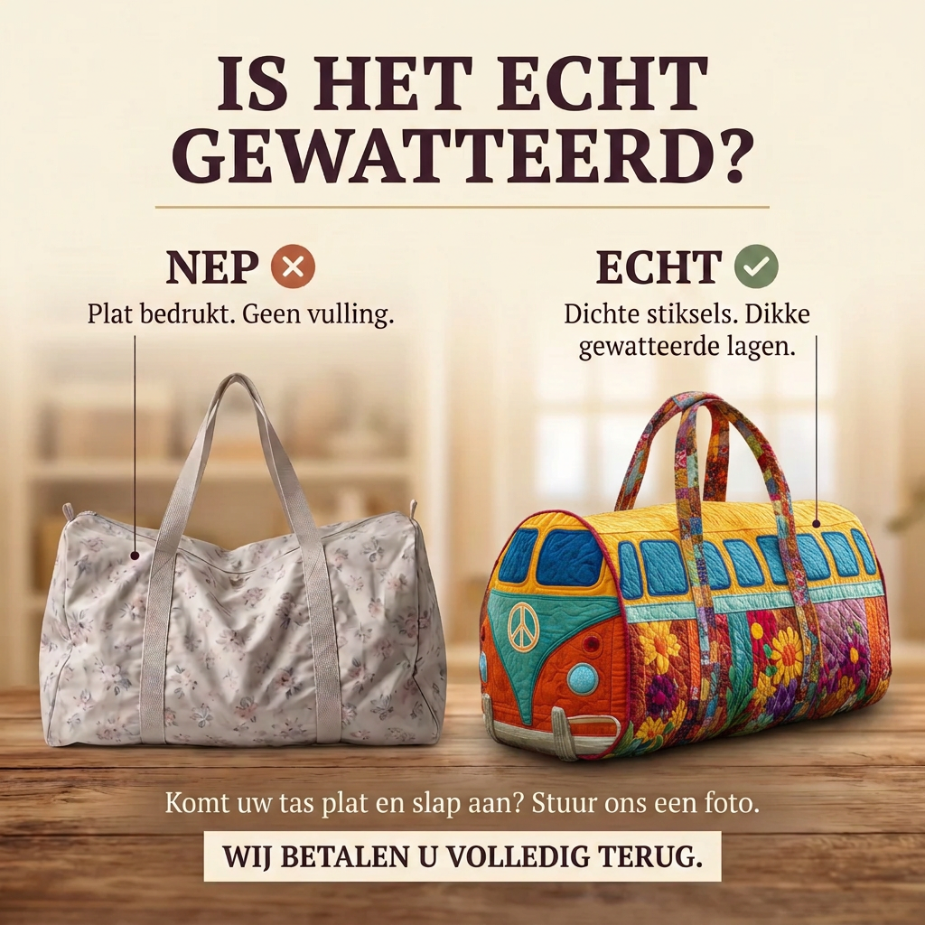 Gewatteerde reistas Vredesbusje: echt gewatteerd tegenover plat bedrukt