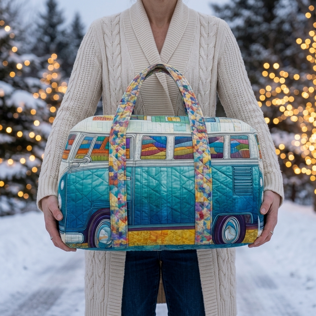 Sac de voyage matelassé Rétro en Mouvement tenu par une femme dans la neige