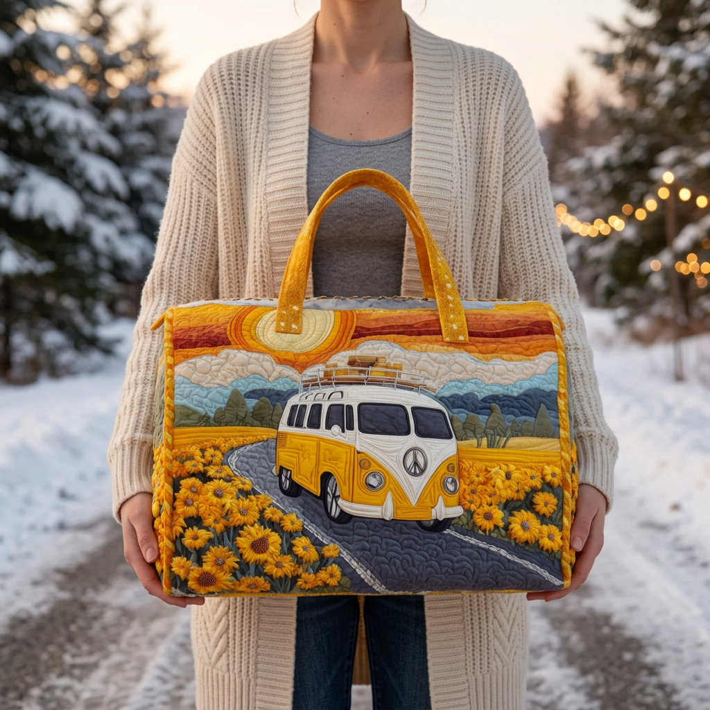 Sac de voyage matelassé Classique de la Route tenu par une femme dans la neige