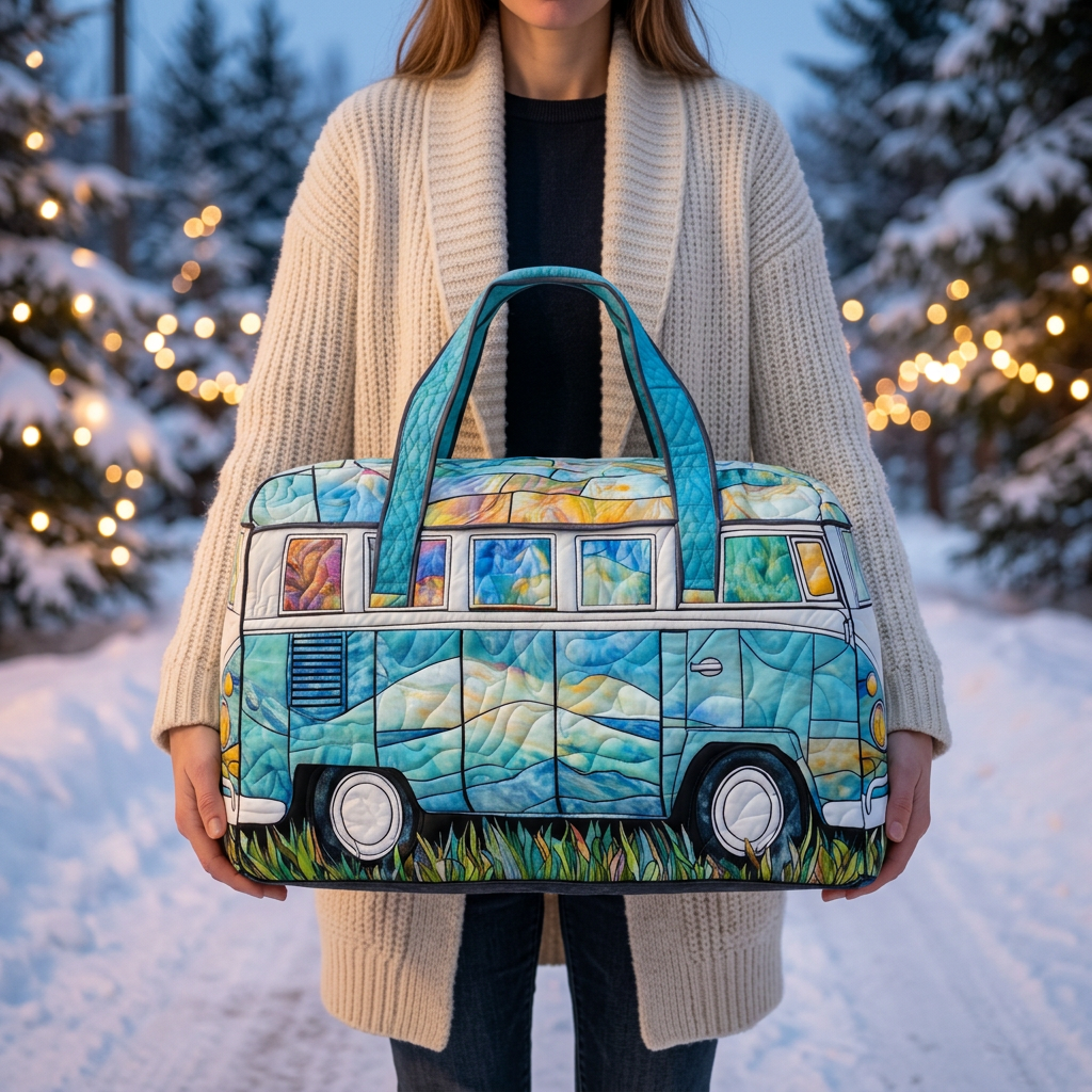 Sac de voyage matelassé Rythme de la Route tenu par une femme dans la neige