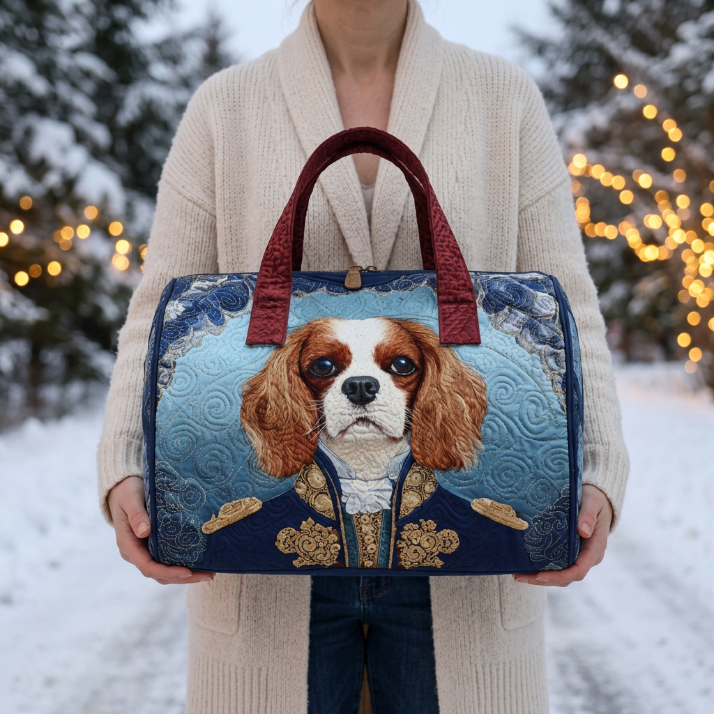 Sac de voyage matelassé Épagneul Royal tenu par une femme dans la neige