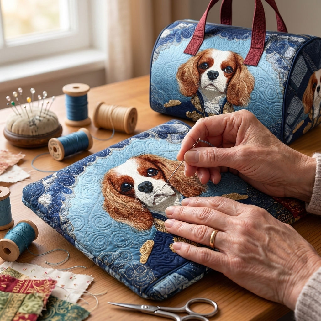 Tissu matelassé au motif Épagneul Royal en cours de couture