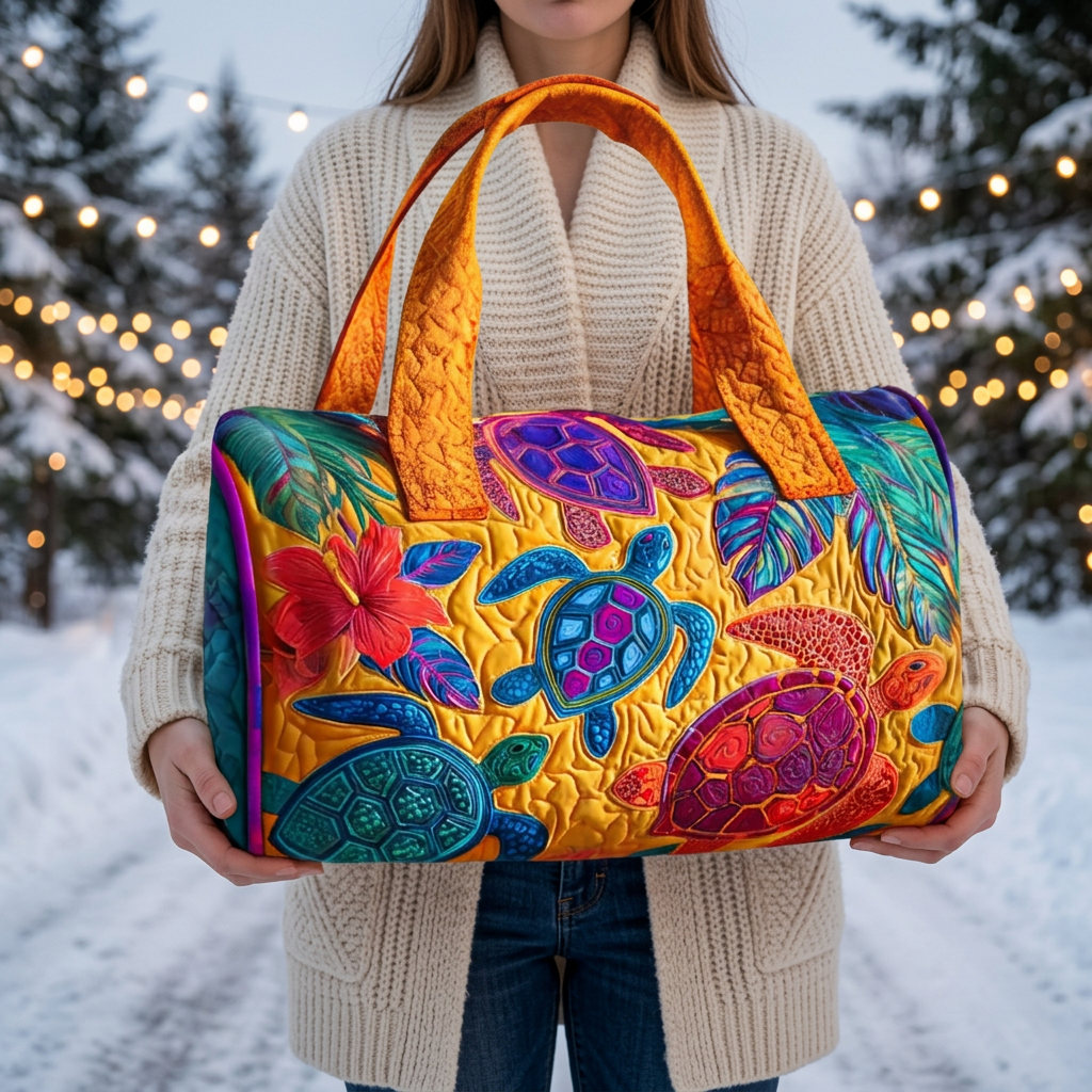Sac de voyage matelassé Fiesta des Tortues tenu par une femme dans la neige