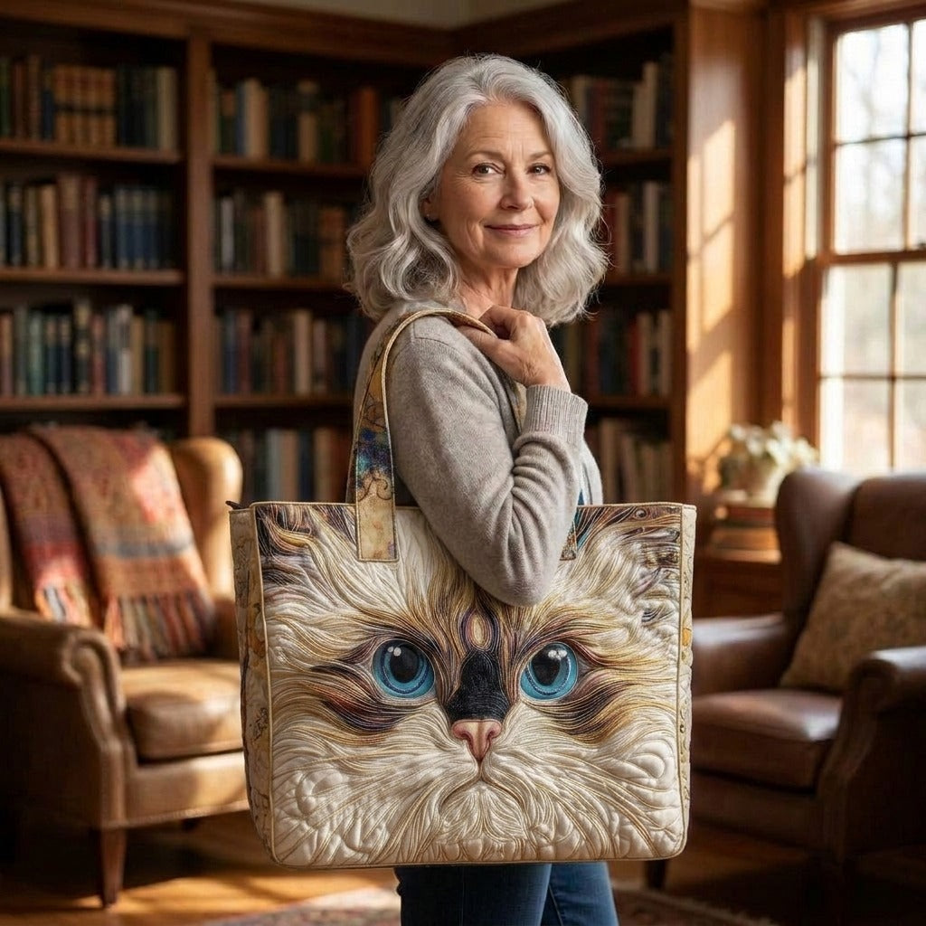 Chat Blanc aux Yeux Bleus Sac Artisanal – tote bag matelassé porté à l’épaule