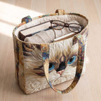 Chat Blanc aux Yeux Bleus Sac Artisanal – sac rempli d’un livre, d’un gilet et de lunettes