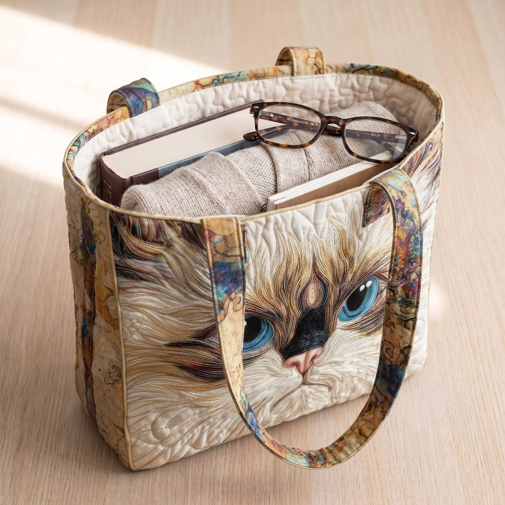 Chat Blanc aux Yeux Bleus Sac Artisanal – sac rempli d’un livre, d’un gilet et de lunettes