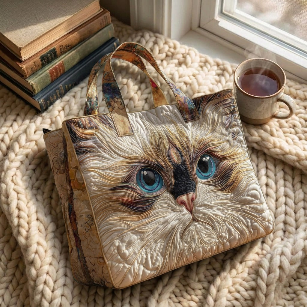 Chat Blanc aux Yeux Bleus Sac Artisanal – sac sur un plaid tricoté avec un café près de la fenêtre