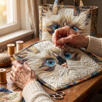 Chat Blanc aux Yeux Bleus Sac Artisanal – matelassé à la main sur la table de l’atelier