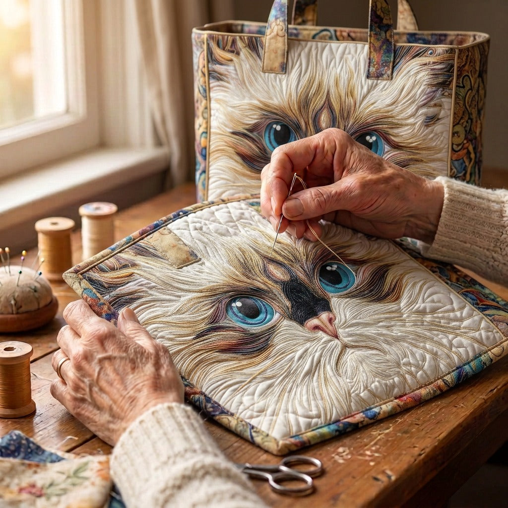Chat Blanc aux Yeux Bleus Sac Artisanal – matelassé à la main sur la table de l’atelier
