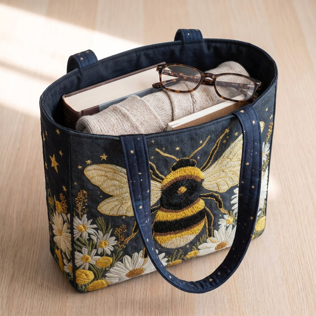 Étoile du Jardin Sac Fait Main – sac rempli d’un livre, d’un gilet et de lunettes