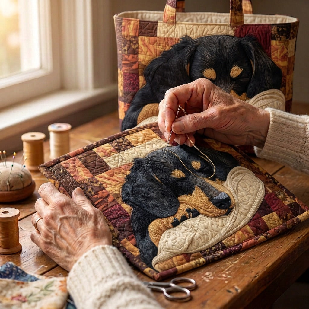 Edele Teckel Handgemaakte Tas – wordt met de hand gequilt aan de ateliertafel