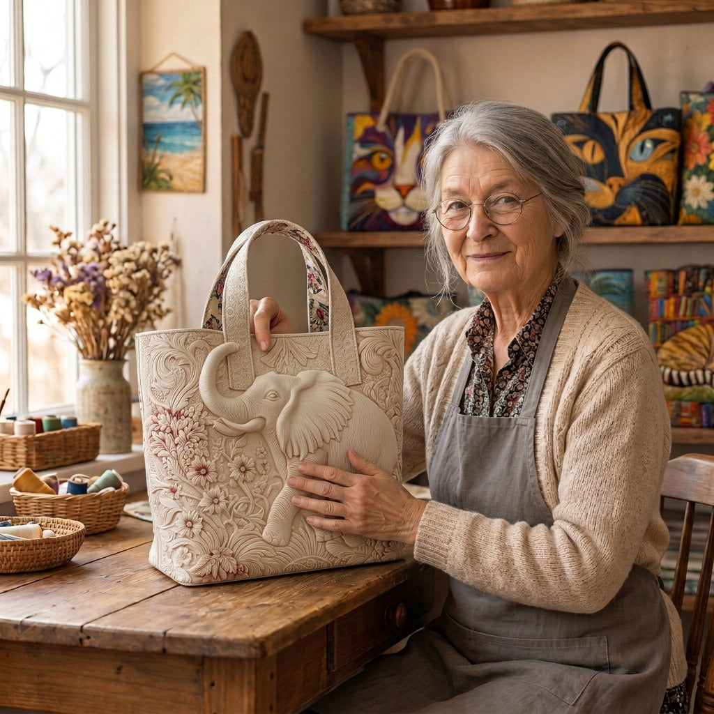 Lien dans son atelier avec le Doux Géant Sac Fait Main