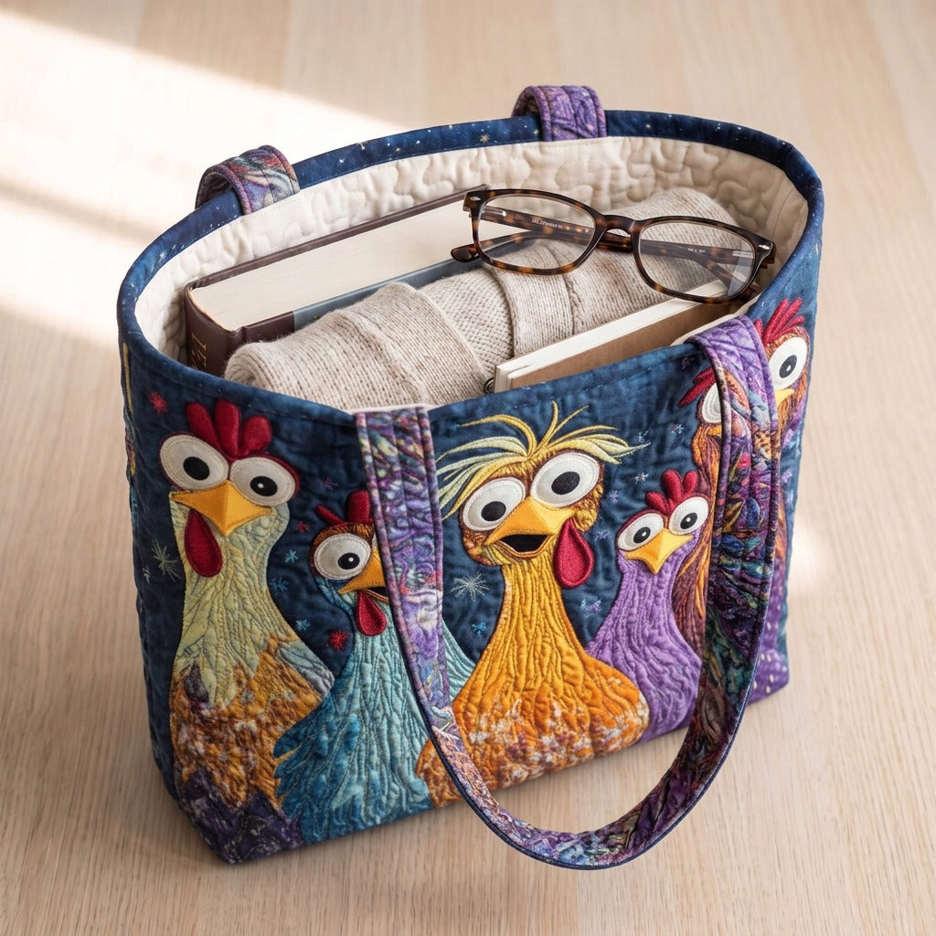 Poules du Village Sac Fait Main – sac rempli d’un livre, d’un gilet et de lunettes