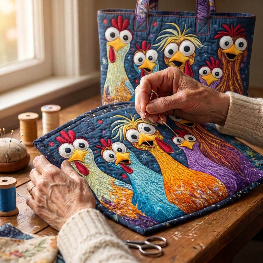 Poules du Village Sac Fait Main – matelassé à la main sur la table de l’atelier