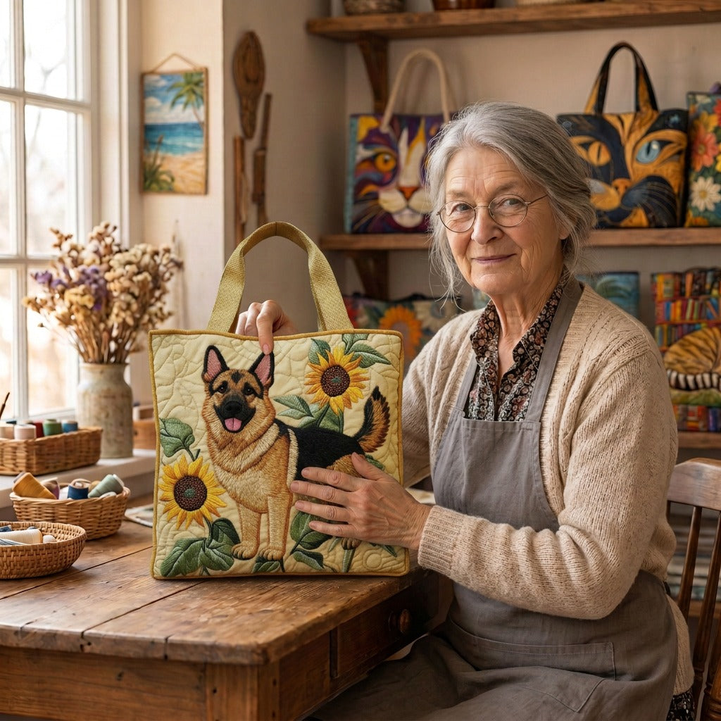 Lien with the Floral German Shepherd quilted tote bag in her atelier