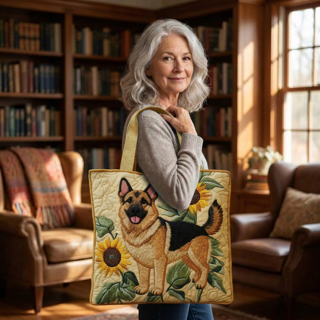 Floral German Shepherd quilted tote bag worn on the shoulder