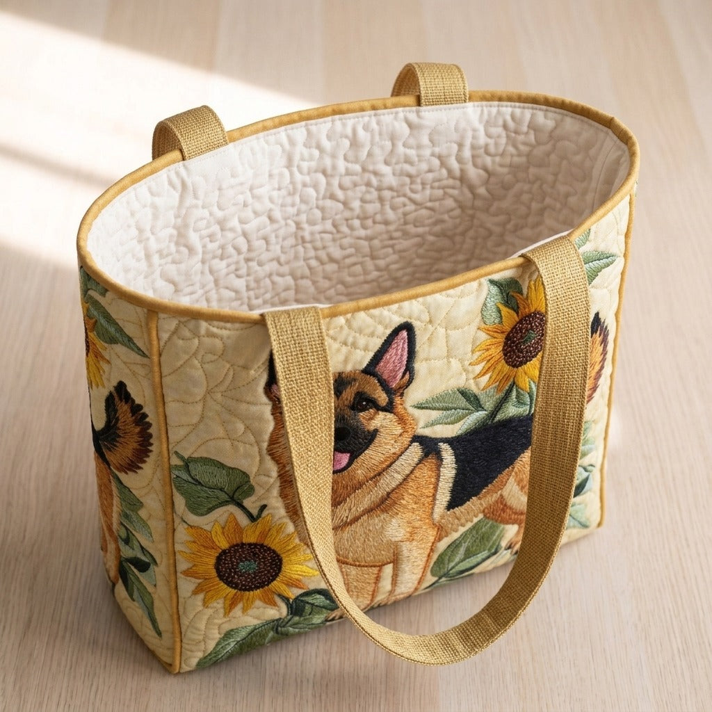 Floral German Shepherd quilted tote bag, open, showing the quilted lining