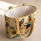 Floral German Shepherd quilted tote bag, open, showing the quilted lining