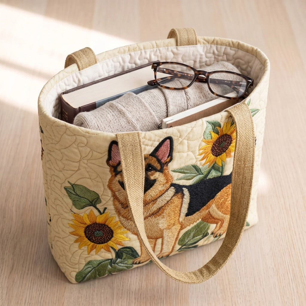 Floral German Shepherd quilted tote bag packed with a book, a cardigan and glasses