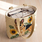Floral German Shepherd quilted tote bag packed with a book, a cardigan and glasses