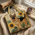 Floral German Shepherd quilted tote bag on a knitted blanket with coffee by the window