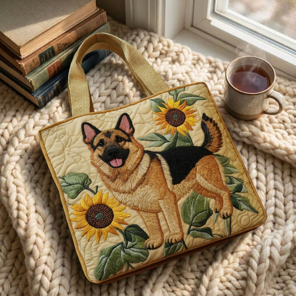 Floral German Shepherd quilted tote bag on a knitted blanket with coffee by the window