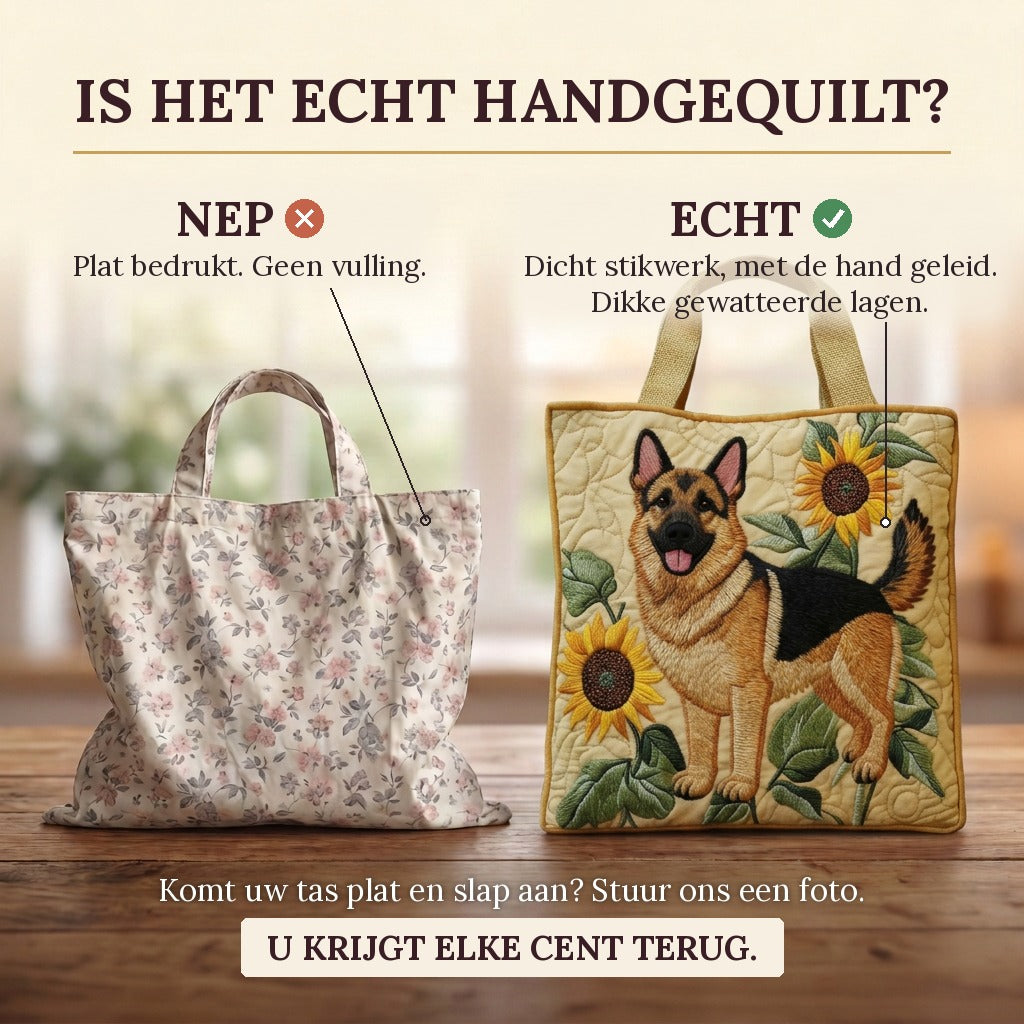 Floral German Shepherd quilted tote bag: real quilted layers vs a flat printed bag
