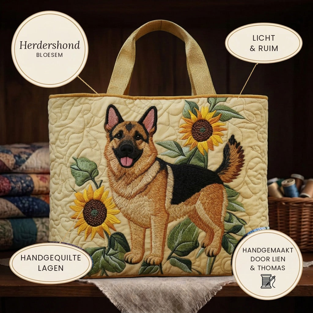 Floral German Shepherd quilted tote bag details: light and roomy, hand-quilted layers