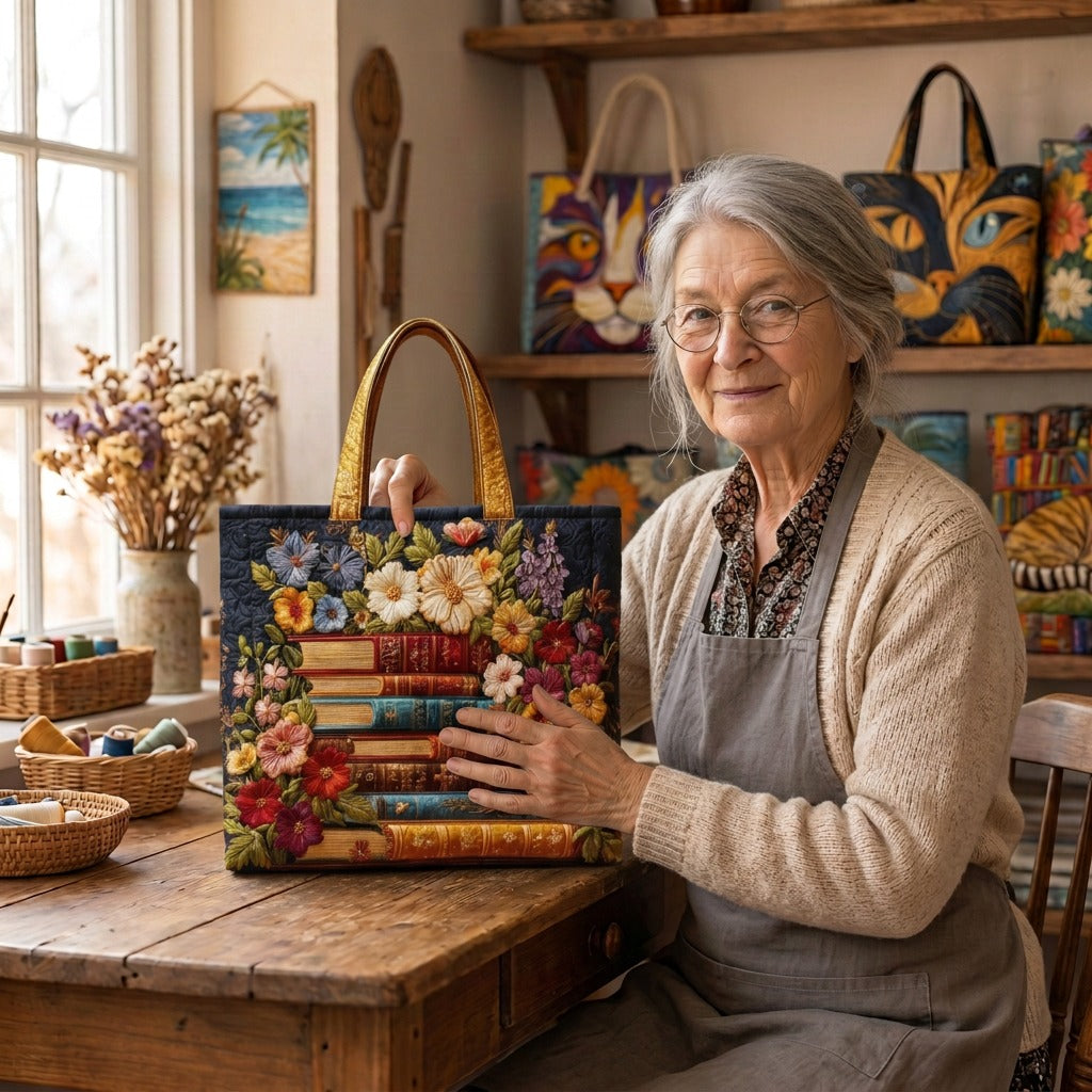 Lien met de Bloemenprint & Boeken Handgemaakte Tas in haar atelier