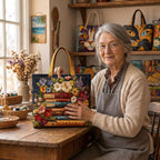 Lien met de Bloemenprint & Boeken Handgemaakte Tas in haar atelier