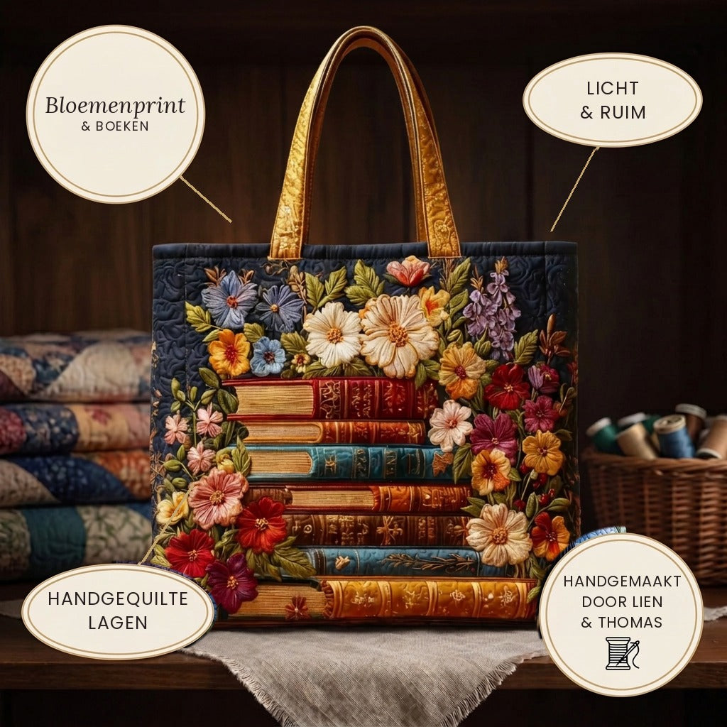 Bloemenprint & Boeken Handgemaakte Tas – details: licht en ruim, gewatteerde lagen