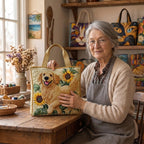 Lien with the Golden Retriever quilted tote bag in her atelier
