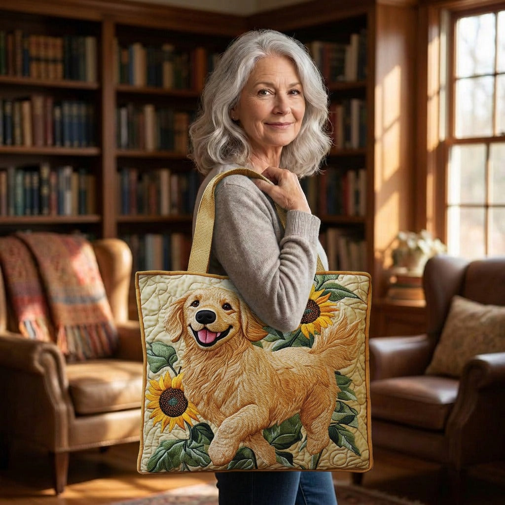Golden Retriever quilted tote bag worn on the shoulder
