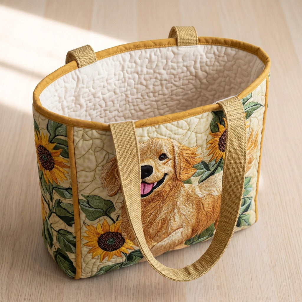 Golden Retriever quilted tote bag, open, showing the quilted lining