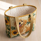 Golden Retriever quilted tote bag, open, showing the quilted lining