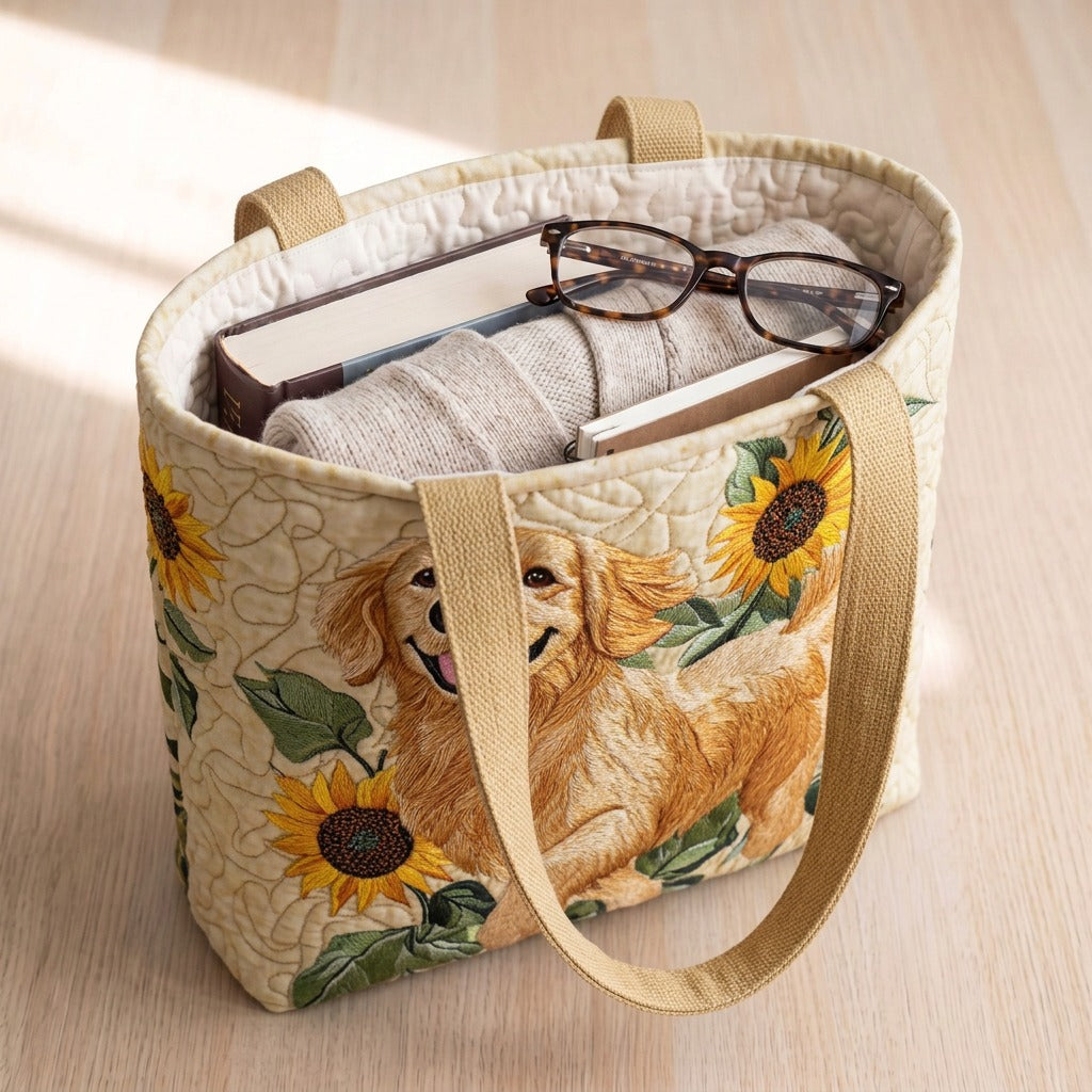 Golden Retriever quilted tote bag packed with a book, a cardigan and glasses