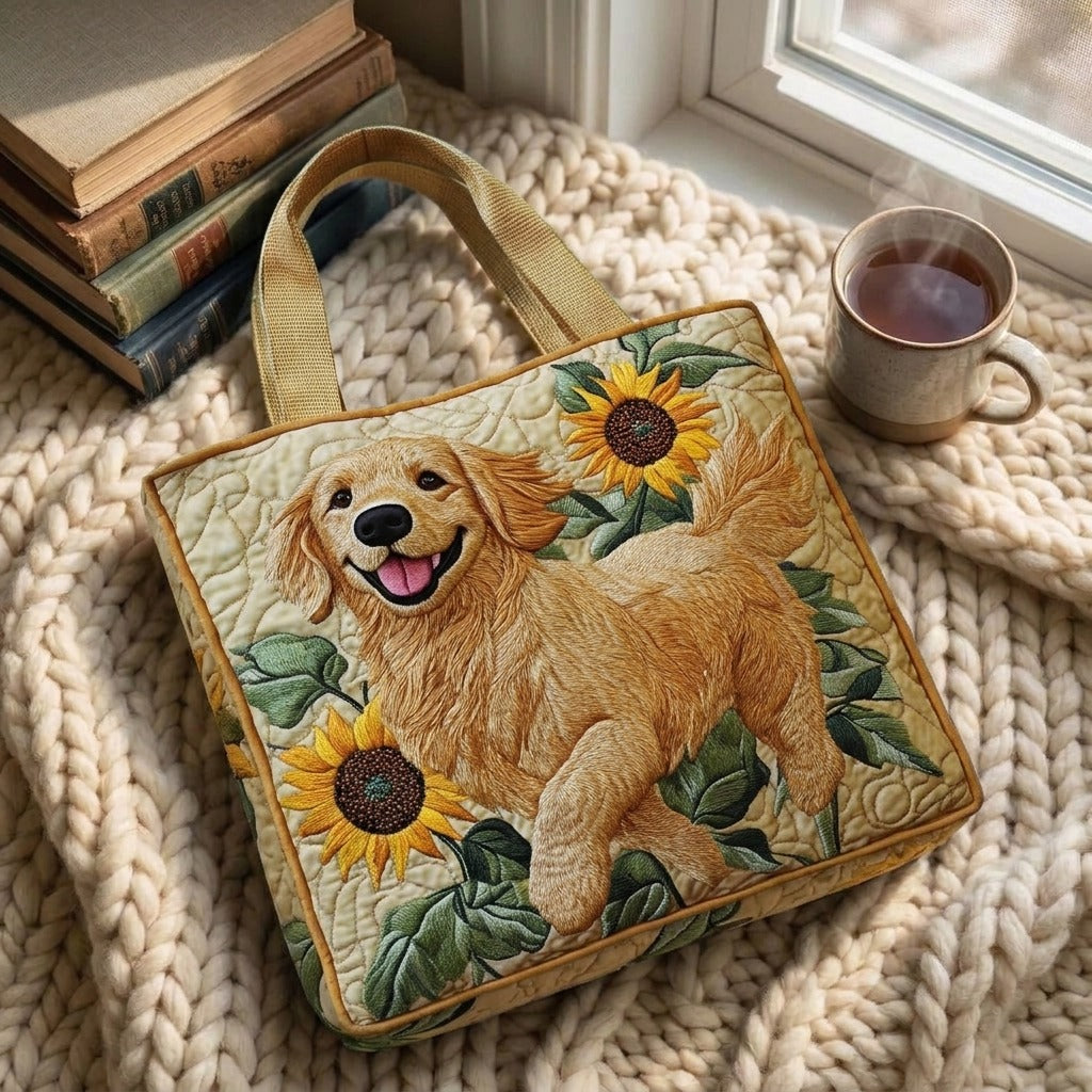 Golden Retriever quilted tote bag on a knitted blanket with coffee by the window