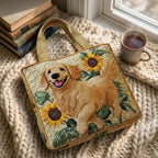 Golden Retriever quilted tote bag on a knitted blanket with coffee by the window