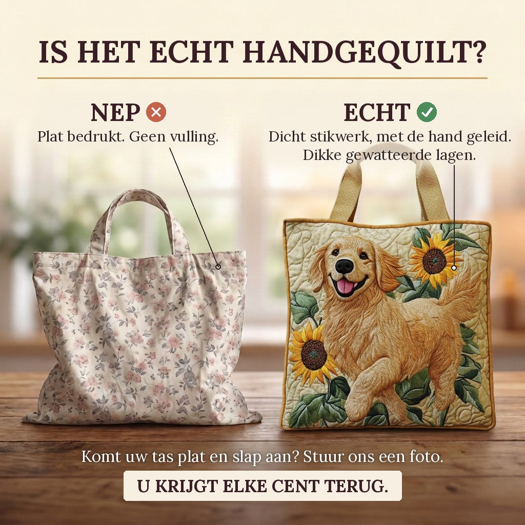 Golden Retriever quilted tote bag: real quilted layers vs a flat printed bag