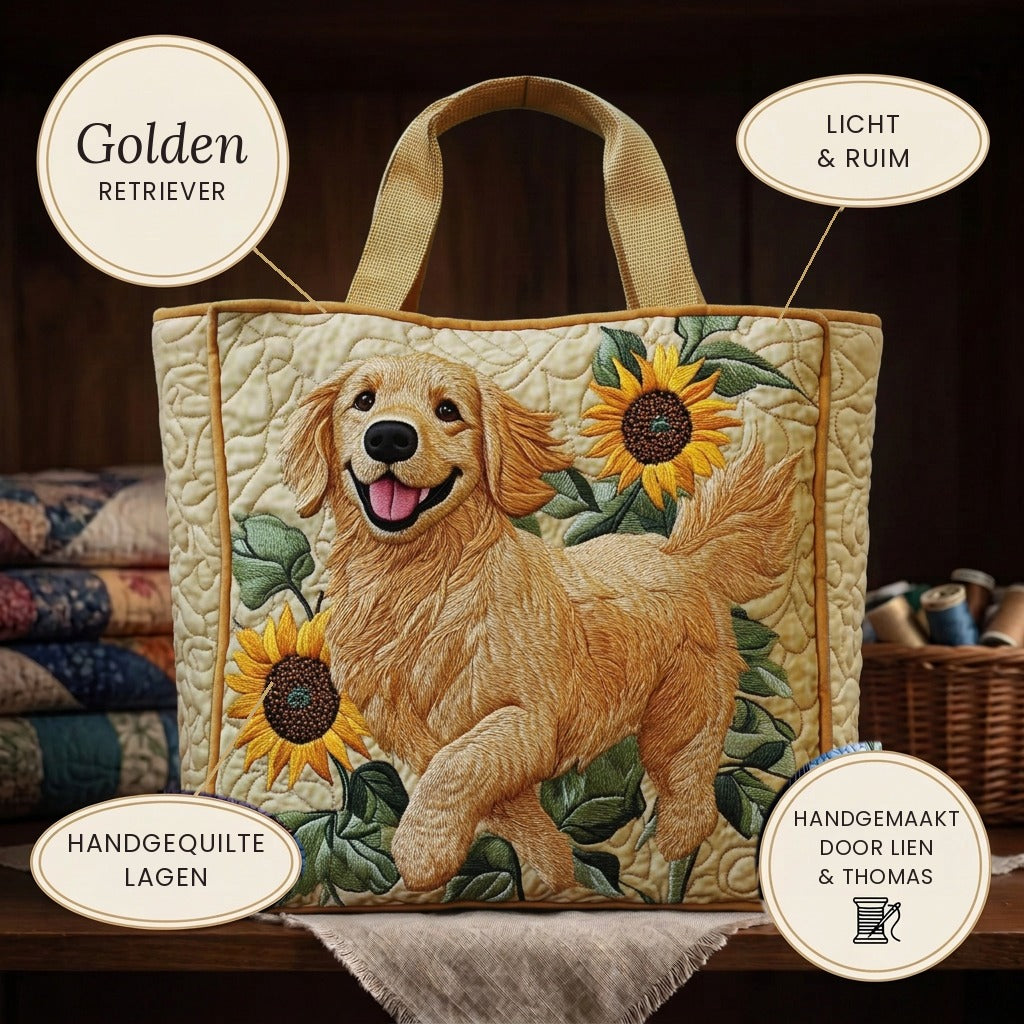 Golden Retriever quilted tote bag details: light and roomy, hand-quilted layers