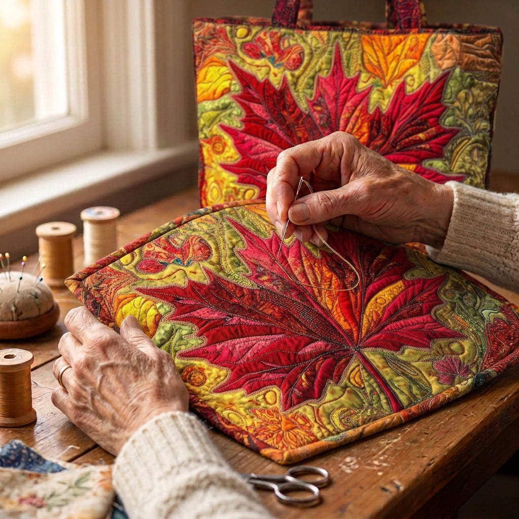 Amberkleurige Schemering Handgemaakte Tas – wordt met de hand gequilt aan de ateliertafel