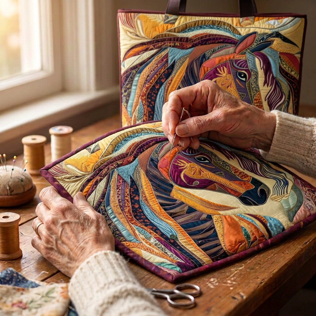 Mozaïekhengst Handgemaakte Tas – wordt met de hand gequilt aan de ateliertafel