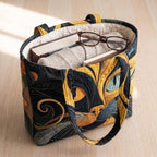 Mystique Féline Sac Fait Main – sac rempli d’un livre, d’un gilet et de lunettes